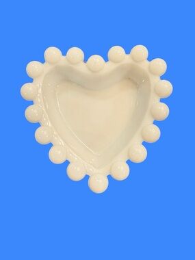 Vintage Milk Glass Heart-Shaped Beaded Trinket Dish or pin tray